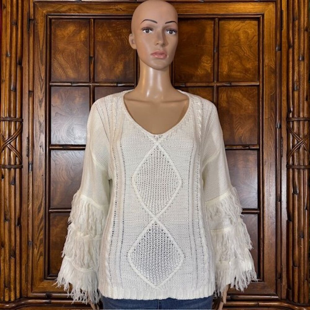 Ivory Cable Knit Fringe Sleeves Boho Western Vneck Sweater
